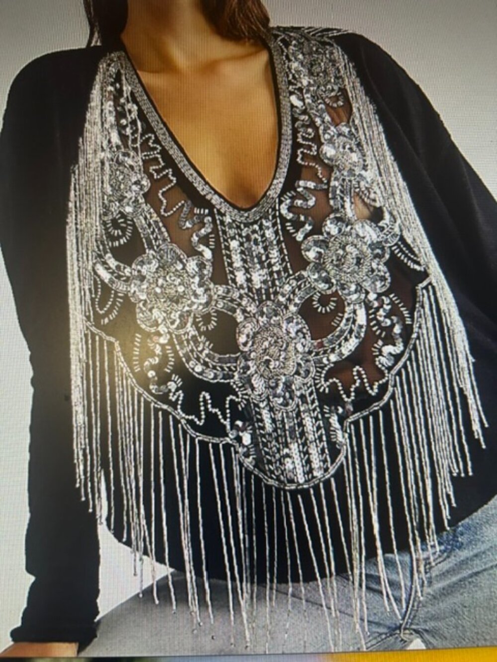 Free People Crisp Silver Sequin Beads Fringe Way Out Top NWT